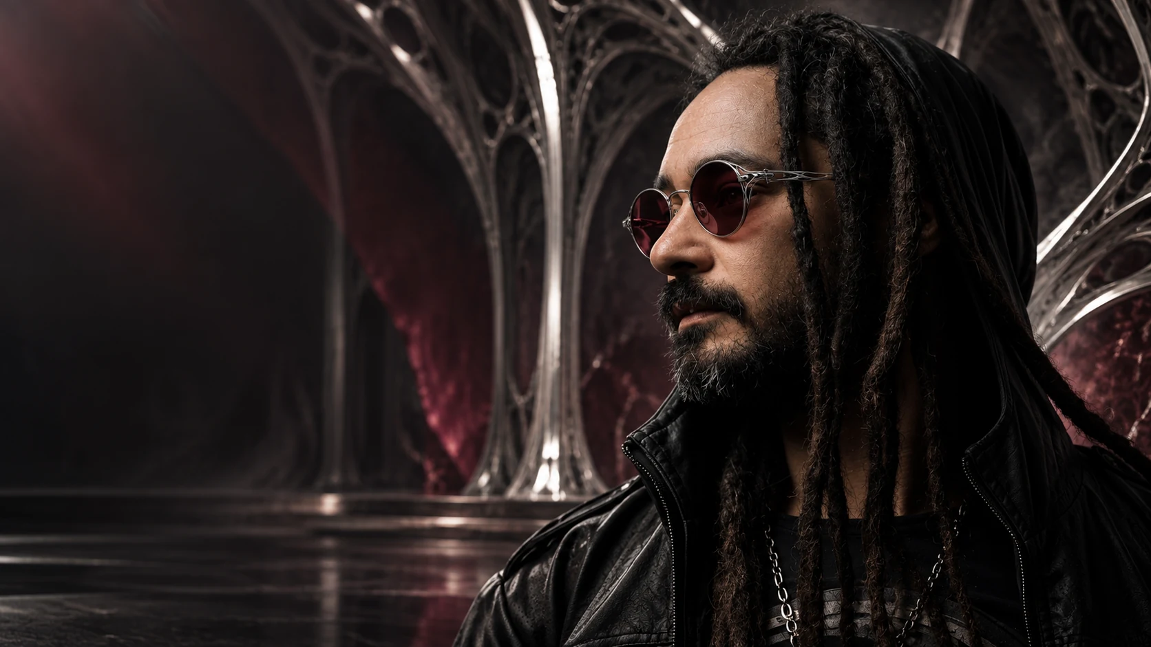 Cameron Cloud wearing round sunglasses and a leather jacket against dark sculptural architecture